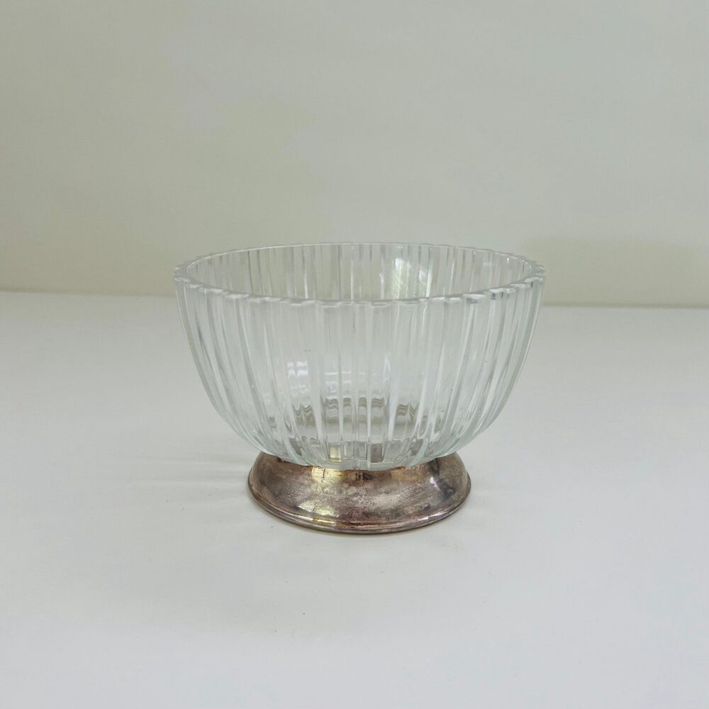 GODINGER Ribbed Crystal Silver Plated Pedestal Base Fruit Dessert Bowl